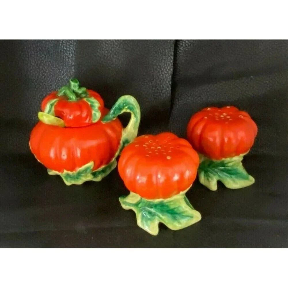 Vintage Pumpkin Tomato Salt Pepper Cream & Sugar 5‎ Pc Set - Made In Japan